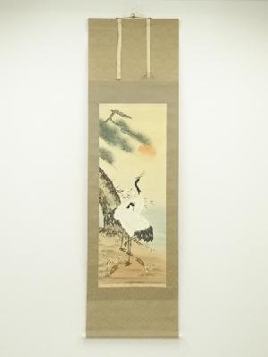 JAPANESE HANGING SCROLL / HAND PAINTED / TURTLE & CRANE 